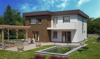 Casa con tejado plano y garaje.
